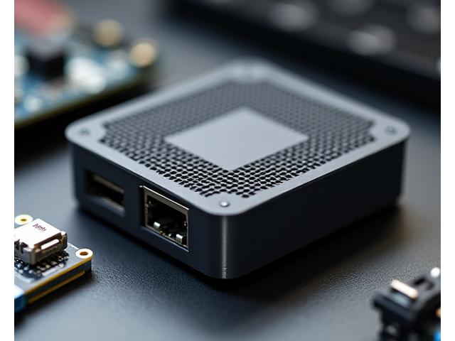 Ein detailreiches, 3D-gedrucktes Elektronikgehäuse mit integrierten Kühlschlitzen und Montagepunkten für Platinen.