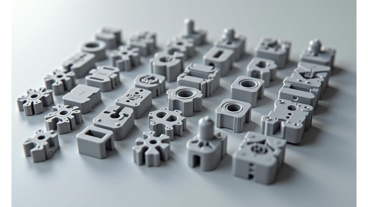Eine Reihe von identischen, präzise 3D-gedruckten Kleinserien-Bauteilen, sauber nebeneinander aufgereiht, die Effizienz und Wiederholbarkeit zeigen.