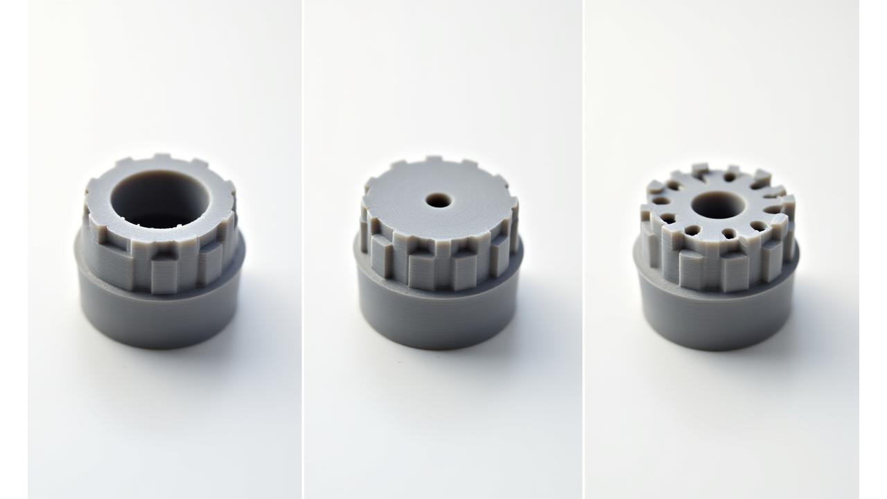 Ein 3D-gedrucktes Bauteil in verschiedenen Stadien der Nachbearbeitung, von roh bis chemisch geglättet und poliert, um die Transformation zu zeigen.