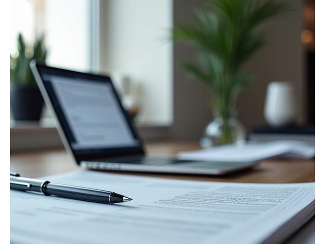 Eine Nahaufnahme einer eleganten, modernen Büroumgebung mit einem Laptop, auf dem ein Datenschutzdokument angezeigt wird und ein Stift bereitliegt. Dezente Schweizer Designelemente im Hintergrund. Sauber und professionell.