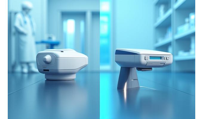 Vorher-Nachher Bilder eines Medizingerätes, das nach Bearbeitung kleiner und effizienter ist