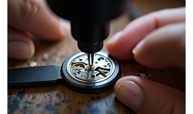 Ein Uhrmacher, der ein winziges, speziell angefertigtes Werkzeug unter einem Mikroskop benutzt