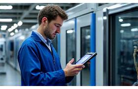 Techniker mit Tablet, der eine Industriemaschine wartet und prüft