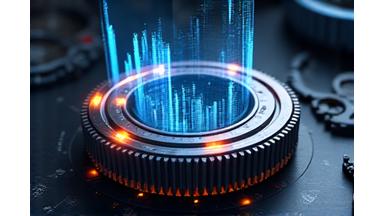 Zahnräder mit Warnsymbol und Diagrammen für KI-gestützte Ausfallvorhersage