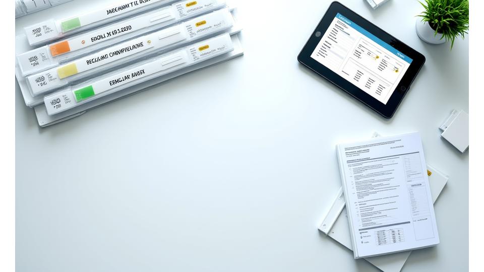 Nahtlose Reihe von Compliance-Zertifikaten und Audit-Berichten, digital und physisch, auf einem organisierten Schreibtisch - Symbole für FDA, ISO, CE