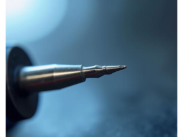 Makroaufnahme einer extrem feinen Mikrobohrerspitze für Präzisionsanwendungen, umgeben von einem unscharfen Hintergrund aus industriellen Produktionsanlagen.