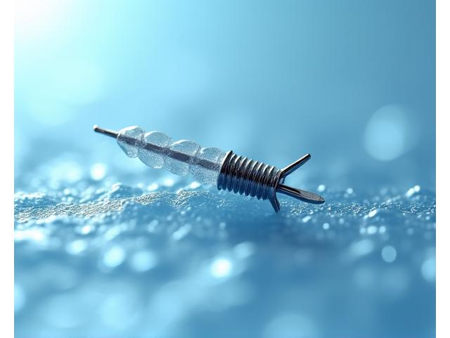 Makroaufnahme eines filigranen medizinischen Implantats, möglicherweise eine mikrochirurgische Nadel oder eine winzige Herzschrittmacherkomponente, mit einer sauberen, sterilen Ästhetik.