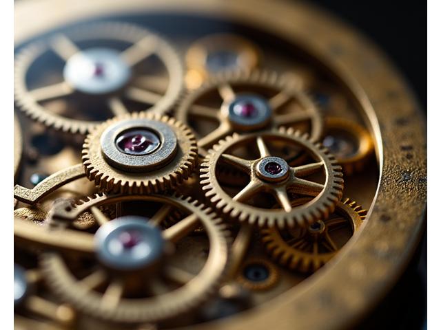 Extrem detaillierte Makroaufnahme von winzigen, perfekt gefertigten Zahnrädern eines mechanischen Uhrwerks, die Präzision und filigrane Handwerkskunst der Schweizer Uhrenindustrie symbolisieren.