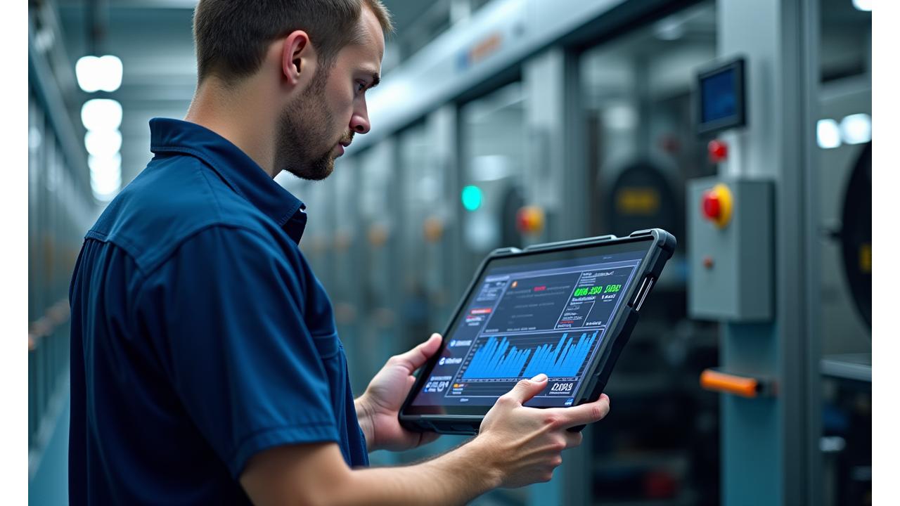 Techniker mit Tablet in einem Maschinenraum, der Daten überwacht