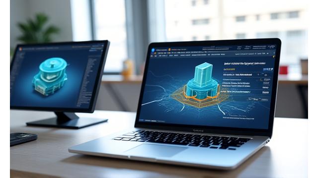 Ein Bildschirm mit einer CAD-Zeichnung und daneben ein Laptop mit einem Bestellformular und einem 'Angebot erhalten'-Button