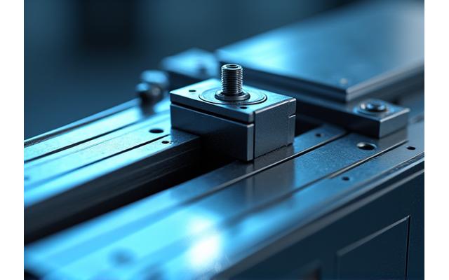 Detailansicht einer präzisen Linearachse mit kleinen Komponenten