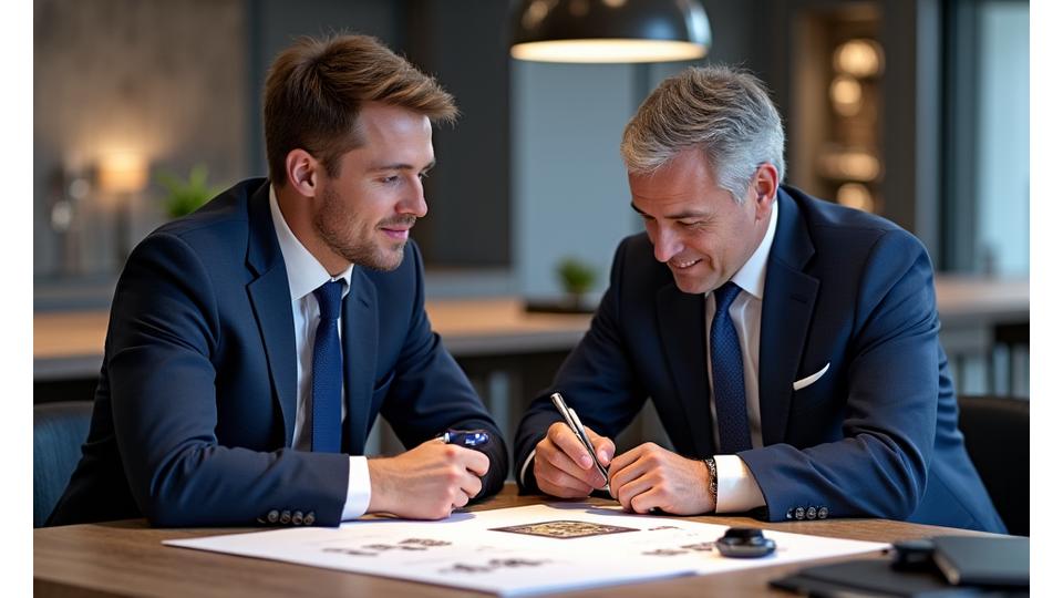 Eine professionelle Beratungssituation in einem stilvollen Uhrmacher-Atelier in Luzern, Schweiz, mit einem Kunden und einem AlpenForge-Experten, die über Teile auf einem Tisch mit technischen Zeichnungen sprechen.