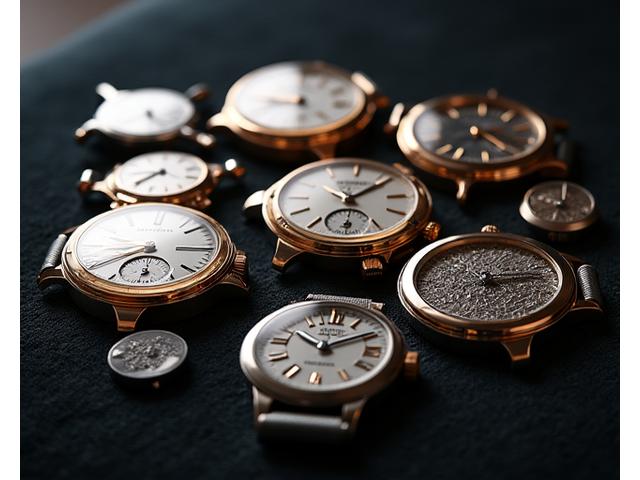 Edle Uhrengehäuse-Komponenten in unterschiedlichen polierten Oberflächen, mit detailreichen Gravuren und Guillochierungen, die Luxus und Handwerkskunst ausstrahlen.