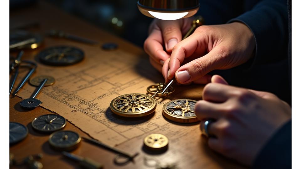 Eine geschickte Hand, die ein filigranes, gealtertes Uhrwerk unter einer Lupe restauriert, umgeben von traditionellen Uhrmacherwerkzeugen und historischen Zeichnungen im Hintergrund.