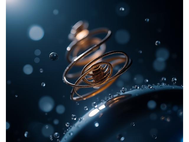 Makroaufnahme einer fein gewundenen Unruh-Spirale und anderer Regulierorgane, die auf einem dunklen Hintergrund schweben und höchste Präzision visualisieren.