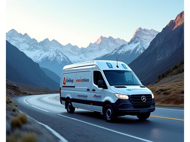 Ein Technikerfahrzeug mit AlpenForge Instruments-Logo rast auf einer Schweizer Bergstrasse, symbolisiert schnelle Notfall-Response in alpiner Kulisse.