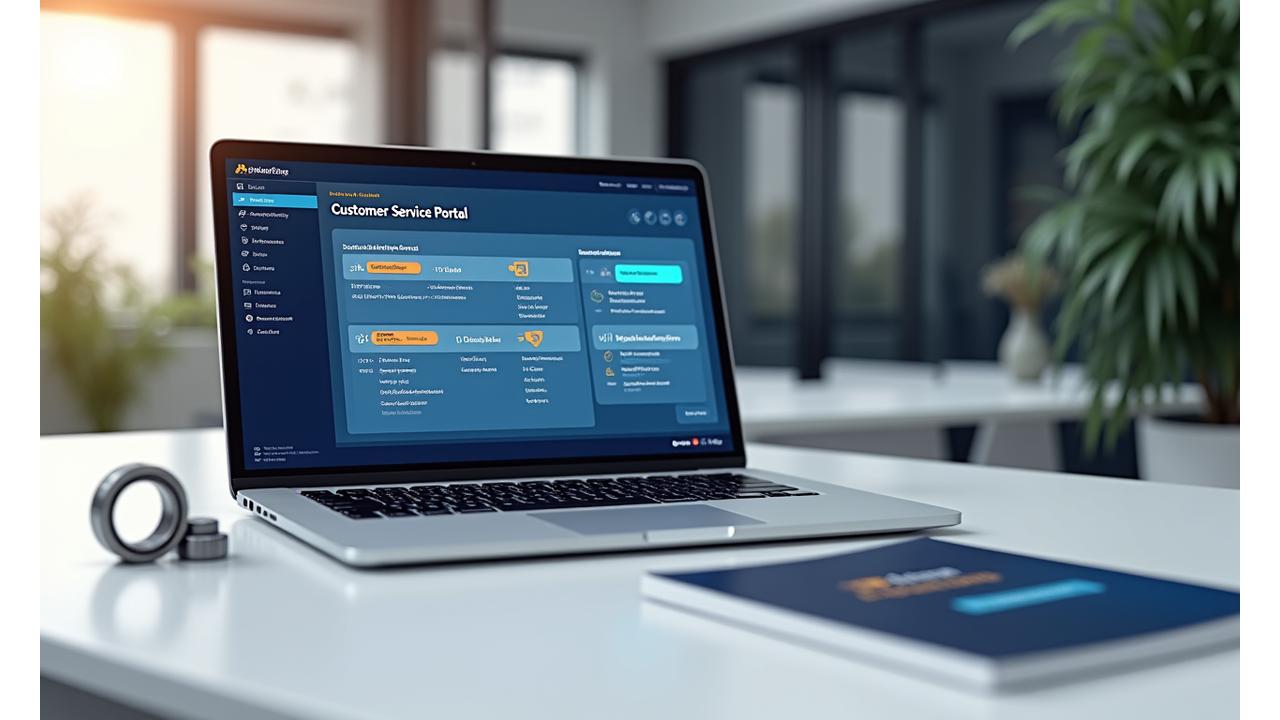 Ein Bildschirm zeigt das Dashboard eines modernen Kundenportals von AlpenForge Instruments, mit Optionen für Serviceanfragen, Dokumentendownloads und Terminplanung.