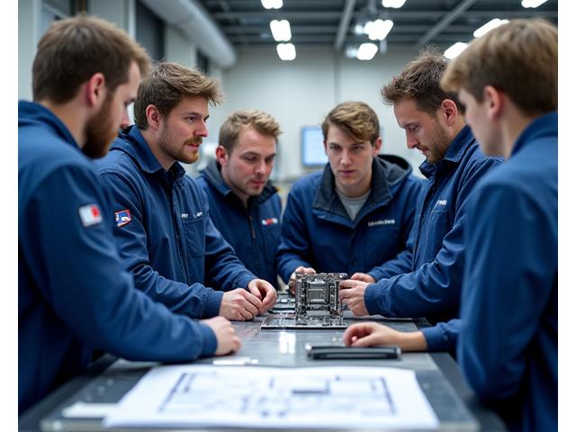 Techniker und Ingenieure in einem modernen Schulungsraum, interagieren mit einer komplexen Industriemaschine und lernen von einem Trainer.